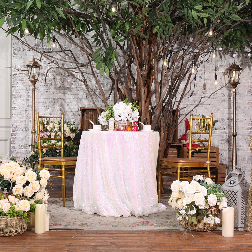 Partydelight Sequin Tablecloth Round 70'' Iridescent White Sparkle Rectangle Table Cloth For Wedding Birthday Party Sequin Overl